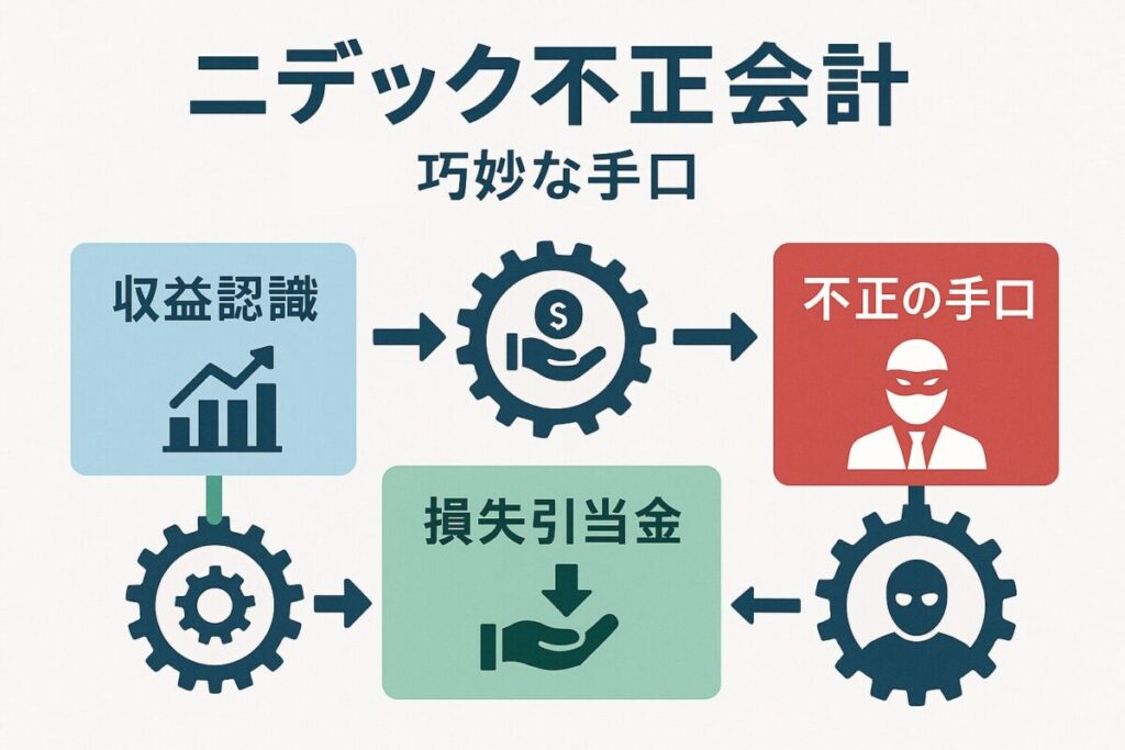 歯車や矢印で繋がれたボックスに「収益認識」「損失引当金」「不正の手口」といったキーワードが配置され、利益を歪めるメカニズムを図解したインフォグラフィック。この記事のテーマである「ニデック 不正 内容」の巧妙な手口を象徴する一枚。