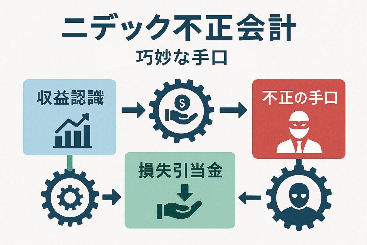 歯車や矢印で繋がれたボックスに「収益認識」「損失引当金」「不正の手口」といったキーワードが配置され、利益を歪めるメカニズムを図解したインフォグラフィック。この記事のテーマである「ニデック 不正 内容」の巧妙な手口を象徴する一枚。