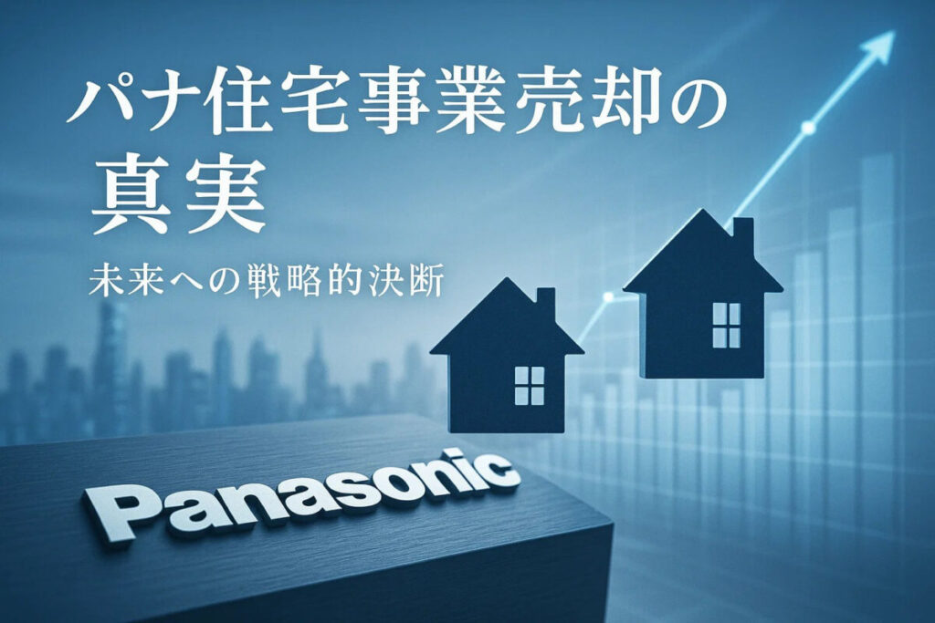 パナソニックのロゴと、事業売却を象徴するような切り離される住宅のシルエット。この記事のテーマである「パナソニック Ykk 事業売却 理由」を象徴する一枚。