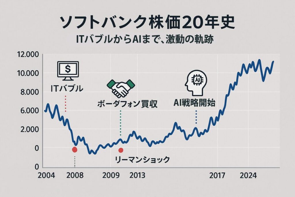 ソフトバンクの20年間の株価チャートにITバブルやリーマンショックなどの主要イベントが示されたインフォグラフィック。この記事のテーマである「ソフトバンク株価の20年間の推移と歴史」を象徴する一枚。