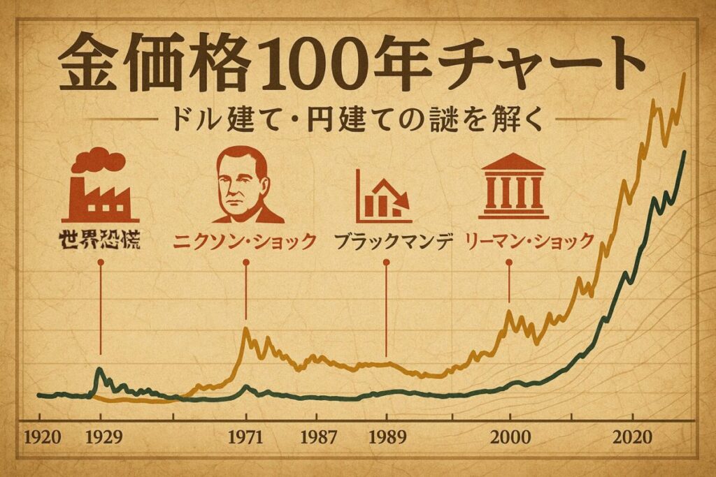 過去100年間の金価格の長期チャートがドル建てと円建てで重ねて表示され、主要な経済イベントのアイコンや年号が記されたインフォグラフィック風の画像。この記事のテーマである「金価格 チャート 100年・推移 長期・ドル建て 価格」を象徴する一枚