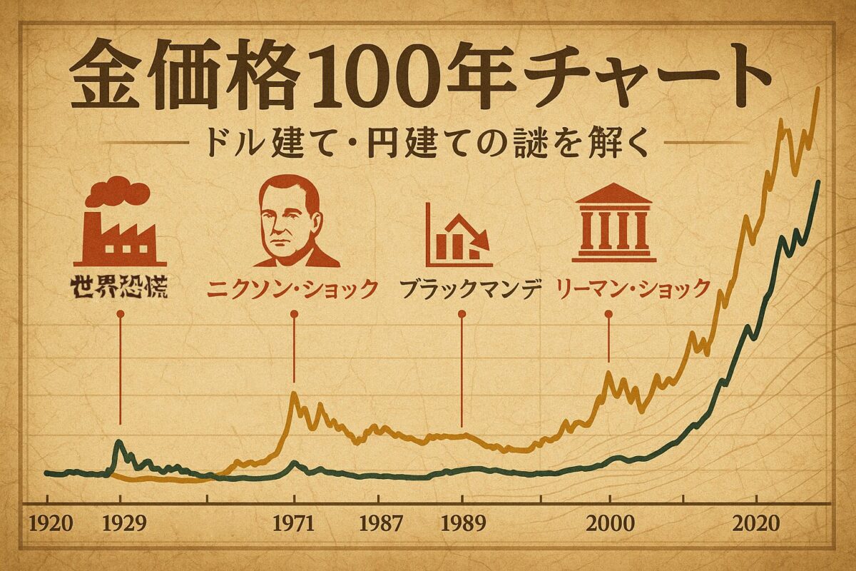 過去100年間の金価格の長期チャートがドル建てと円建てで重ねて表示され、主要な経済イベントのアイコンや年号が記されたインフォグラフィック風の画像。この記事のテーマである「金価格 チャート 100年・推移 長期・ドル建て 価格」を象徴する一枚