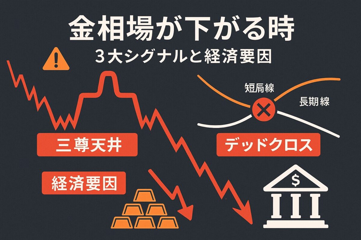 金相場の下落を示すチャートパターンと警告色が用いられたインフォグラフィック。この記事のテーマである「金 相場 なぜ 下がる」という問いに対し、その下落シグナルと経済要因を解説することを表す一枚。