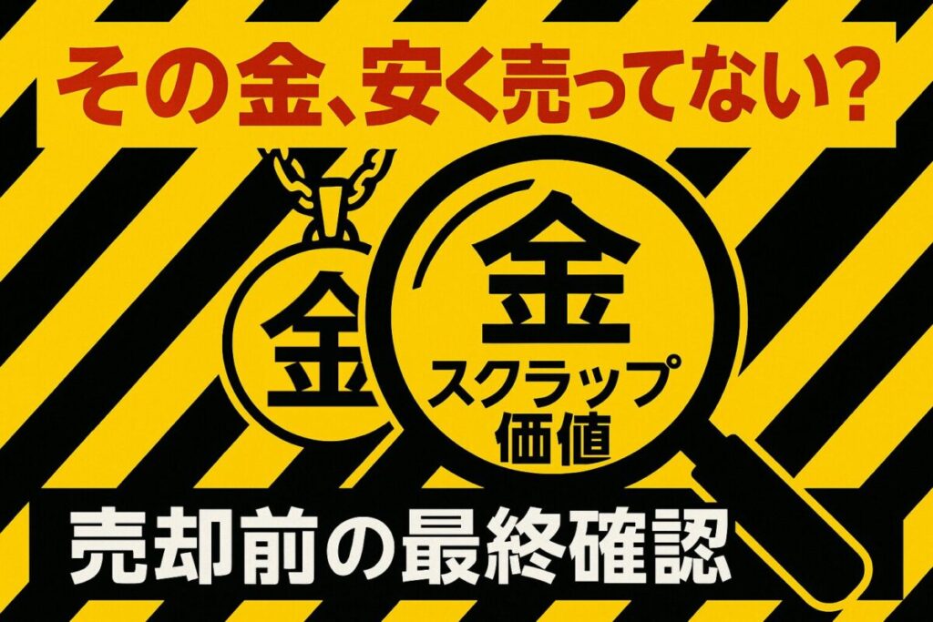 虫眼鏡が金のネックレスの「スクラップ価値」を拡大している警告風のイラスト。この記事のテーマである「ハードオフ 金 相場」での安易な売却への注意を促す一枚。
