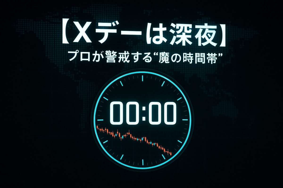 深夜を示すデジタル時計と下落する為替チャートの画像。この記事のテーマである「為替介入の時間帯（過去）」の分析に基づき、深夜帯にリスクが集中することを象徴する一枚。