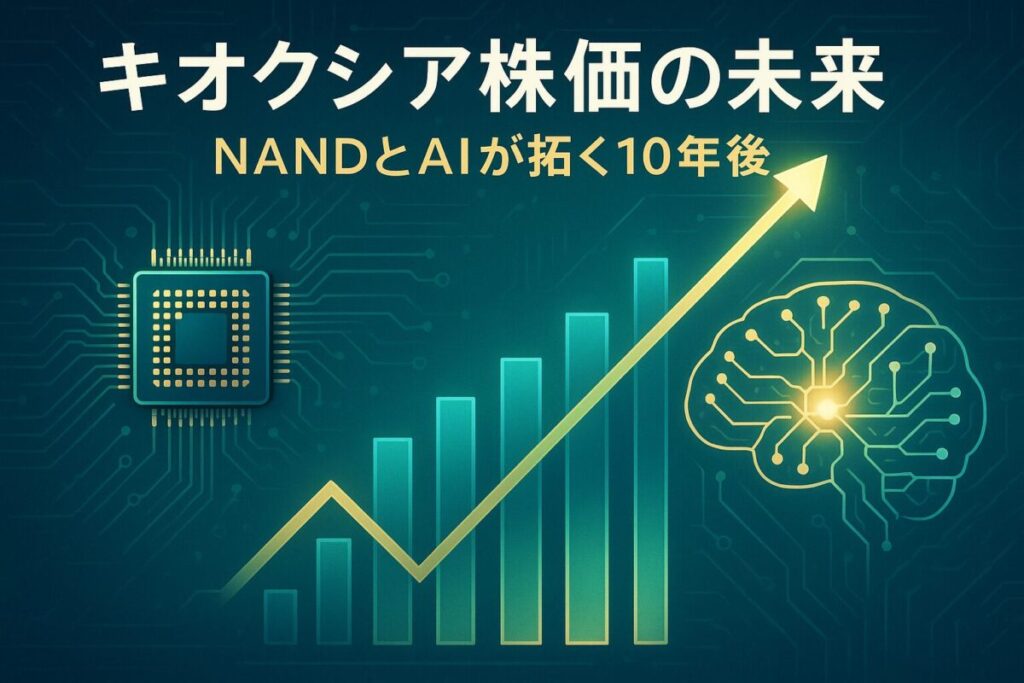 上昇するトレンドラインとマイクロチップパターン、ニューラルネットワークが描かれたデジタルアート。この記事のテーマである「キオクシア株価の今後」を象徴する一枚。