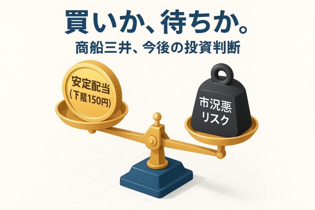 安定配当と市況リスクを天秤にかけて比較している画像。この記事のテーマである「商船三井 株価 今後 配当 増配」の投資判断を象徴する一枚。