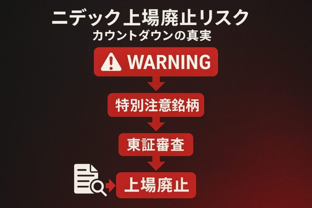 赤色の「WARNING」サインと「特別注意銘柄」から「上場廃止」への段階的なフローを示す矢印とアイコンが描かれたインフォグラフィック。この記事のテーマである「ニデック 上場廃止」のリスクとプロセスを象徴する一枚。
