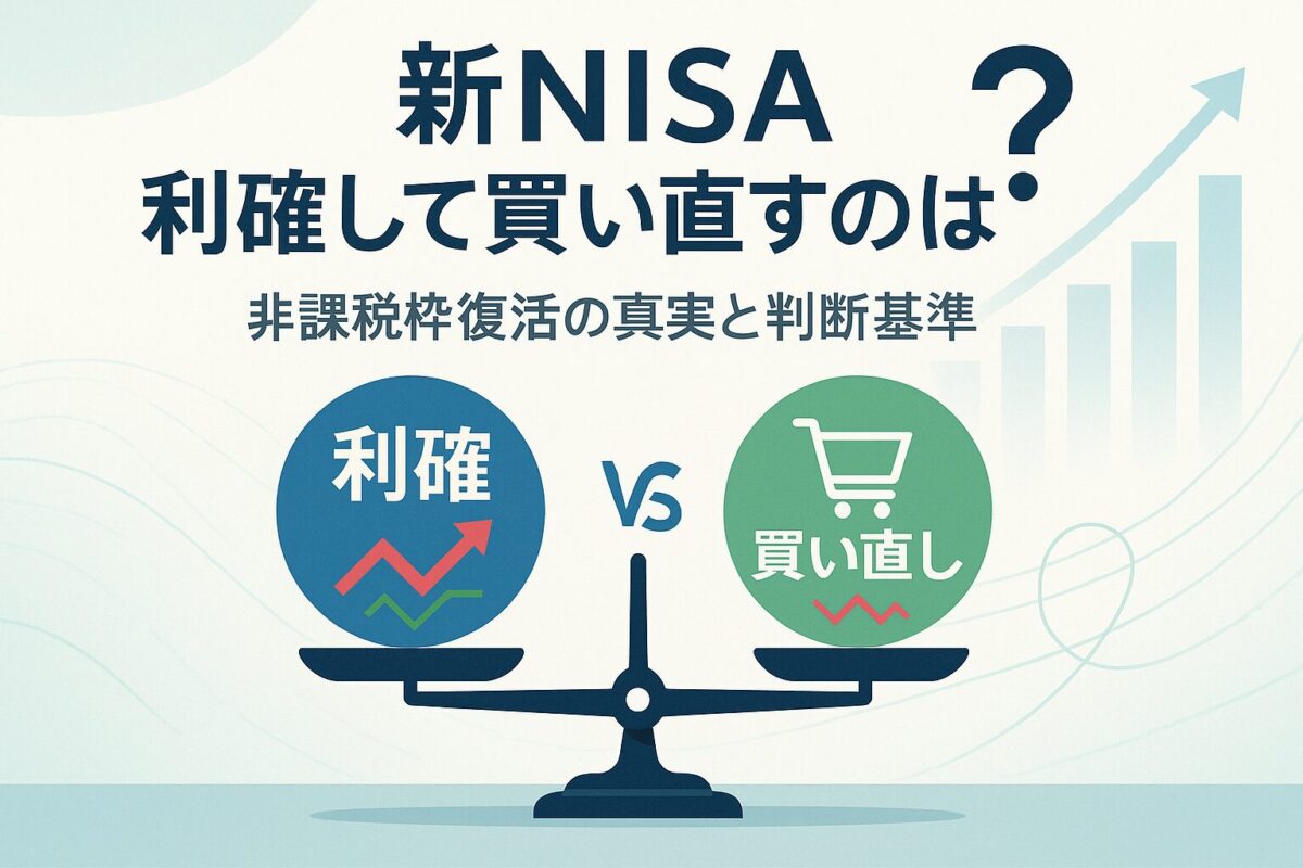 天秤に載せられた「利確」と「買い直し」のアイコンと新NISAのロゴ。この記事のテーマである「新NISA 利確して買い直す」ことの損得と非課税枠復活ルールを象徴する一枚。