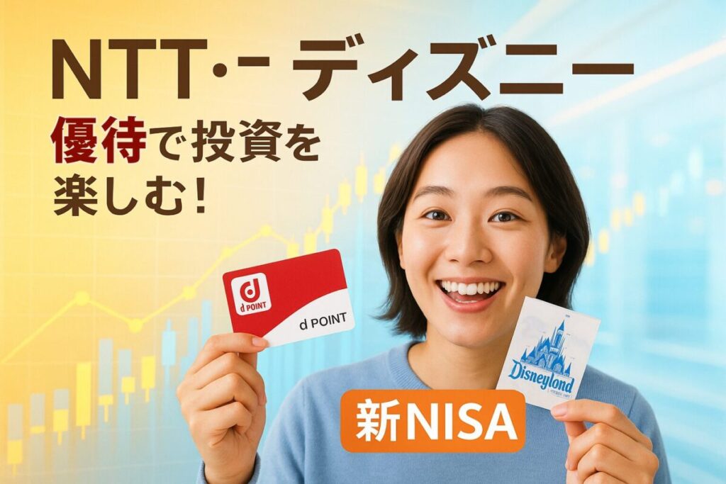 NTTのdポイントカードとディズニーチケットを持つ笑顔の人物が、明るい投資画面を背景に描かれた写真合成。この記事のテーマである「新nisa 優待」のメリットと楽しさを象徴する一枚。