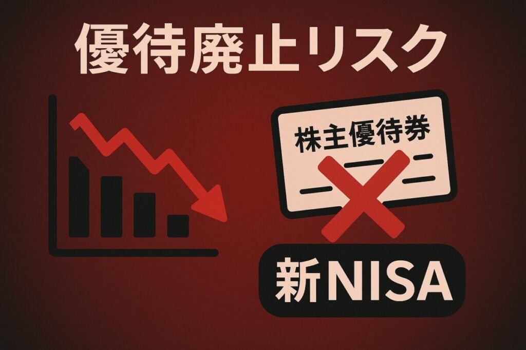 株価下落チャートと優待廃止のアイコンが描かれた、警告的なイメージ。この記事のテーマである「新nisa 優待」における優待廃止リスクを象徴する一枚。