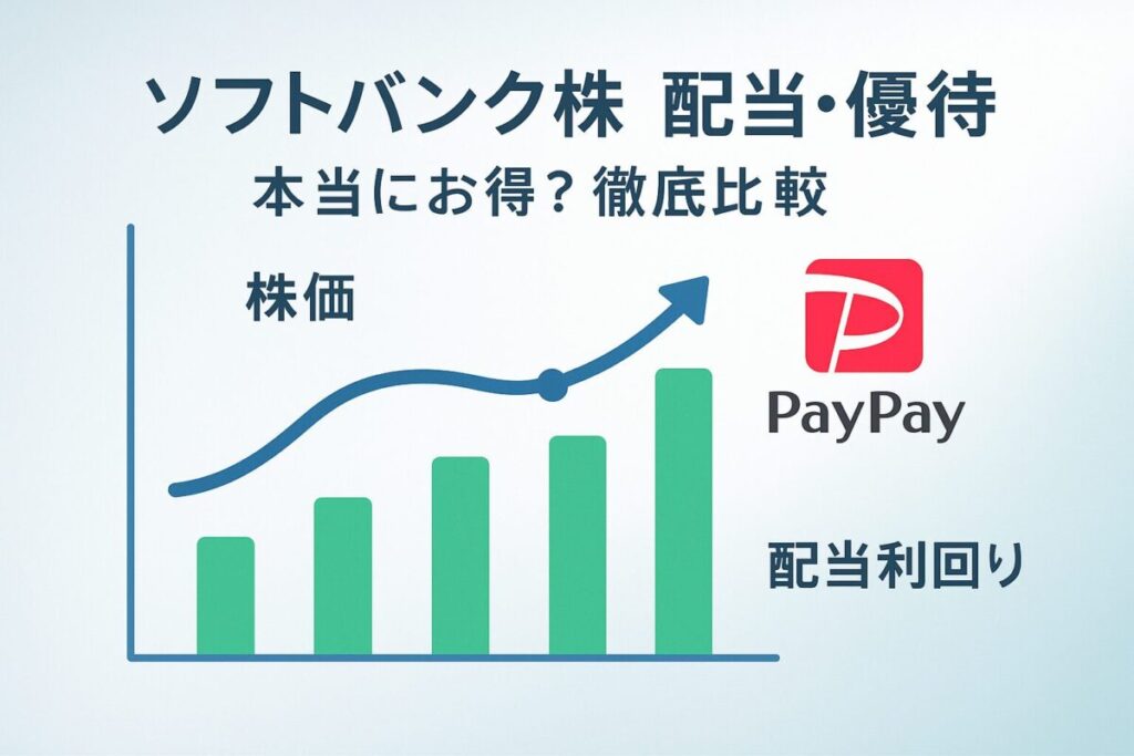 **ALT属性**: `ソフトバンクの株価チャートとPayPayロゴが描かれたグラフデザインのサムネイル。この記事のテーマである「ソフトバンク株の配当・優待」を象徴する一枚。