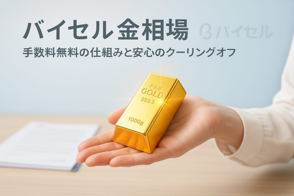 手のひらに乗せられた金塊とバイセルのロゴが背景に見える画像。この記事のテーマである「バイセル 金 相場」の信頼性と安心感を象徴する一枚。