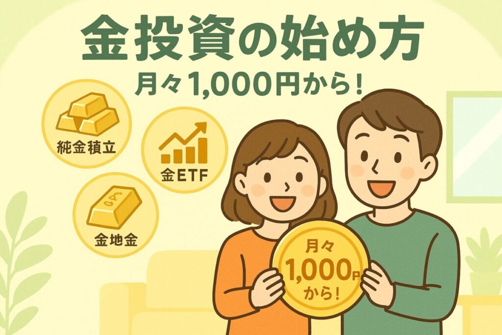 笑顔の男女が月々1,000円と書かれたコインを手にし、背景に純金積立、金ETF、金地金のアイコンが並ぶ親しみやすいイラストレーション。この記事のテーマである「金価格 投資・1g購入・積立・ETF・田中貴金属」を象徴する一枚。