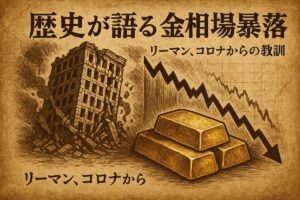 過去の金融危機を象徴する崩壊するビルと、その下に安定した金塊が描かれたイラスト。この記事のテーマである「金 相場 暴落 過去」から学ぶ歴史的教訓とリスク管理の重要性を示す一枚。
