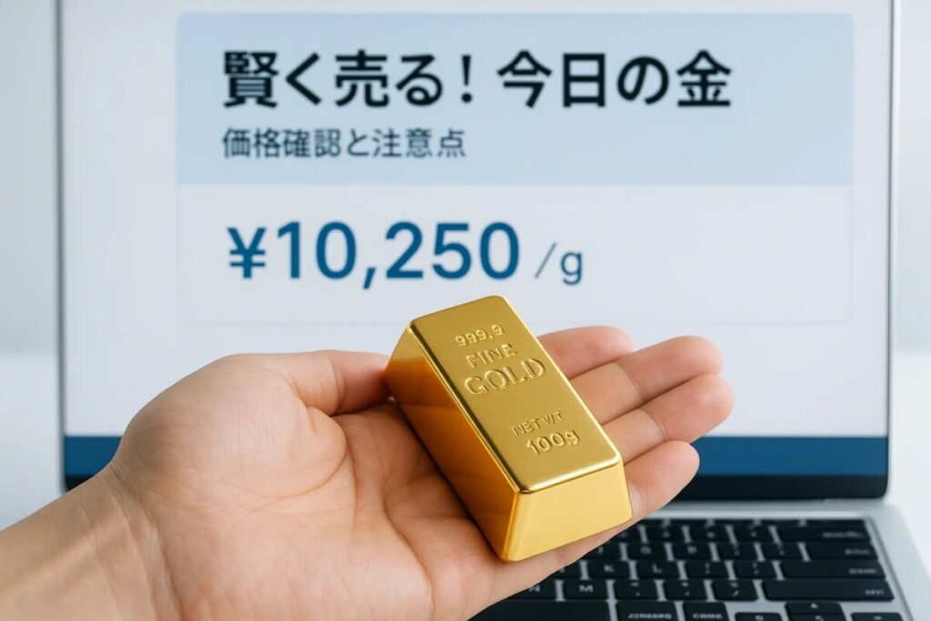 手のひらに乗せられた金塊と、信頼できる価格表示画面が背景にぼやけて映る画像。この記事のテーマである「金 相場 1g 今日 24k」の売買における安心感と信頼性を象徴する一枚。