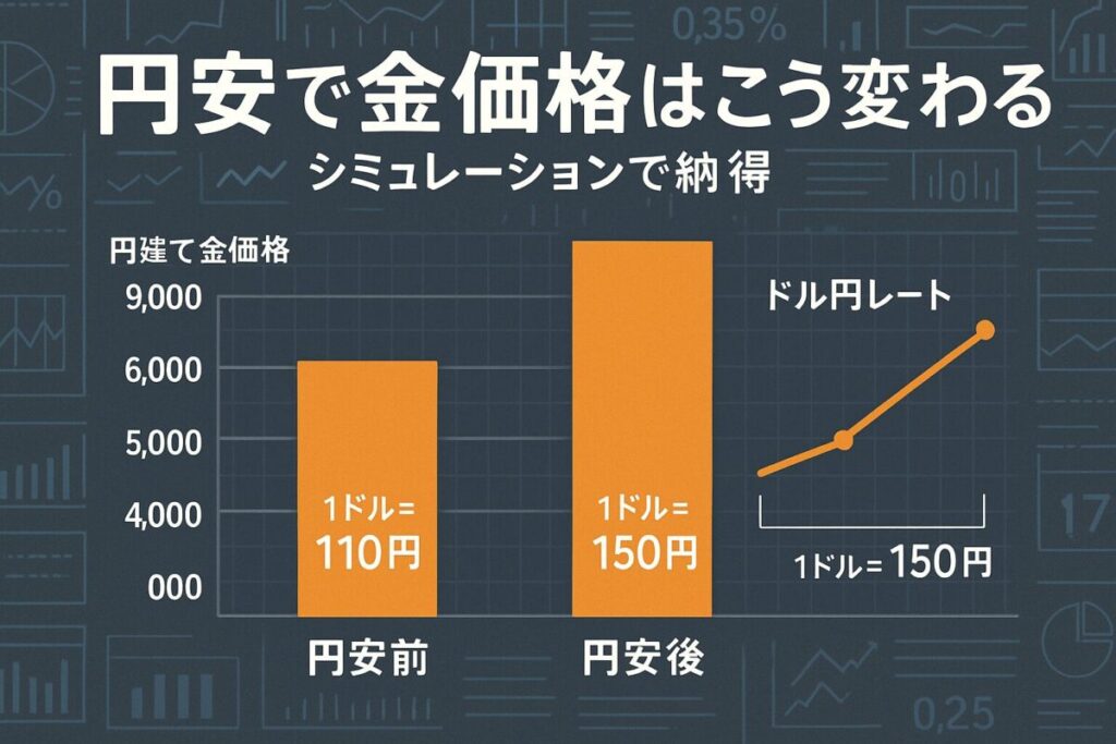 円安前後の金価格の棒グラフとドル円レートの推移を示すグラフ。この記事のテーマである「金価格 ドル円 計算」における円安の影響をシミュレーションで示した一枚。