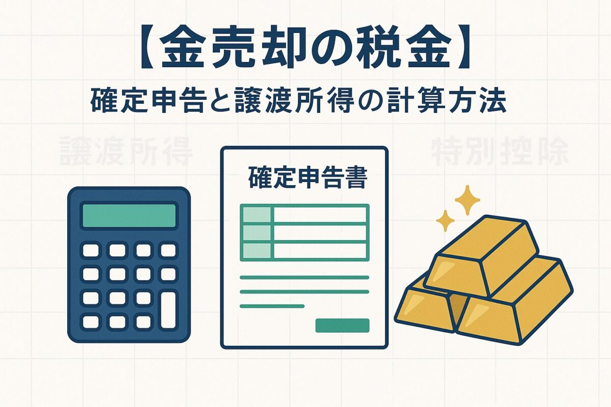 金地金と確定申告書、電卓のイラスト。この記事のテーマである「金 価格 売却 税金」の計算方法を象徴する一枚。