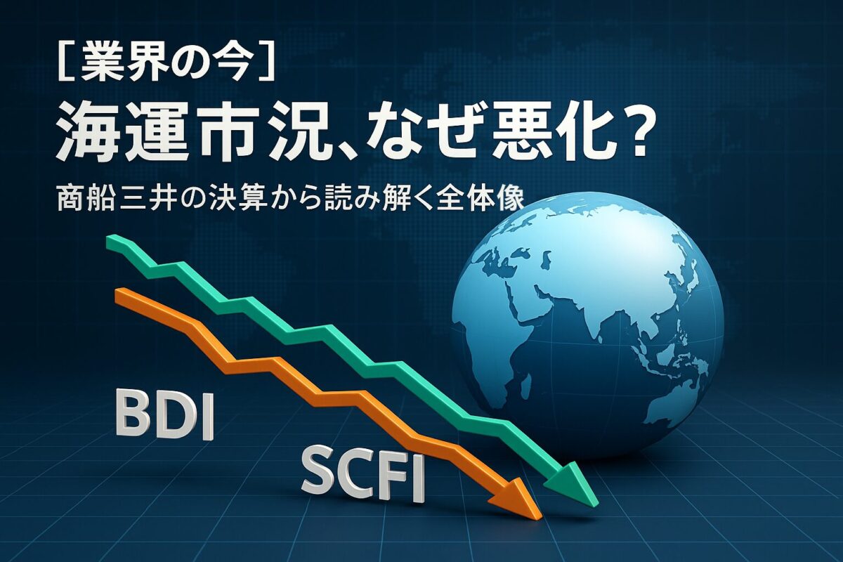 BDIとSCFIの2つの市況指数グラフが地球儀の前に表示されている画像。この記事のテーマである「商船三井 海運市況 業界動向 株価」を象徴する一枚。