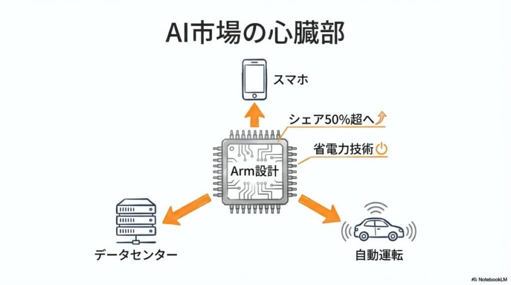 Armの成長性の図解。半導体技術が各分野へ波及する様子を、センター配置で表現した画像。