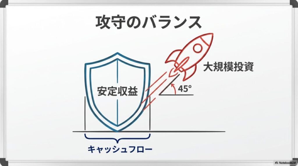 通信事業とAI投資のバランス図解。安定収益が投資を支える関係性を、VS図で表現した画像。