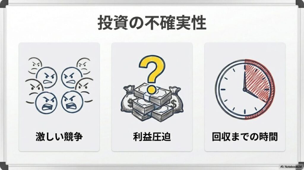 AI投資リスクの図解。競争激化と回収リスクを、カード型で表現した画像。