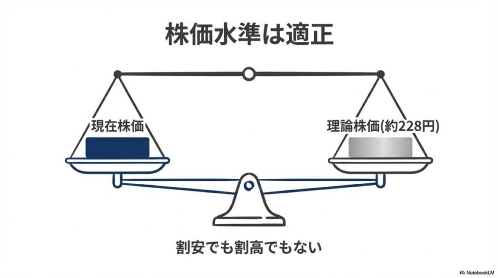 理論株価と現在株価の比較図解。両者がほぼ同水準で釣り合っている関係性を、VS図（天秤）で表現した画像。