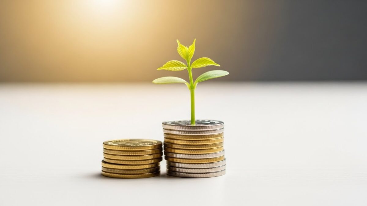 新NISAによる資産形成と利益成長をイメージさせるコインと若葉