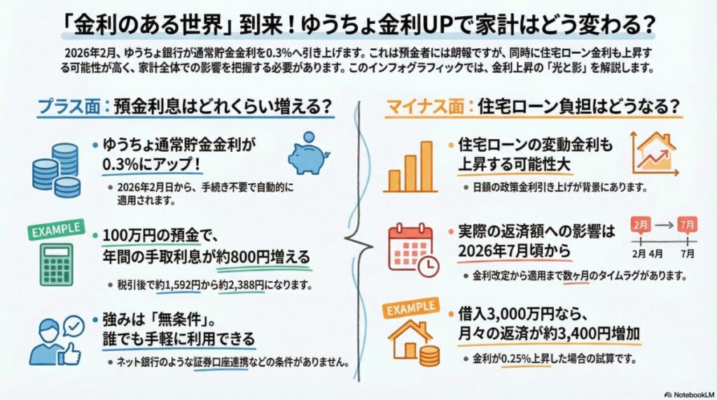 図解『金利引き上げの影響は？ゆうちょ0.3%で利息はどうなる＆住宅ローン負担増を試算』