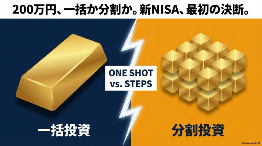 「【データで結論】バンガード社の研究が示す「一括投資」と「ドルコスト平均法」の真実」をテーマにした挿絵。一括投資がドルコスト平均法（DCA）を上回る勝率（60%〜70%）を示すグラフや表と、長期的に右肩上がりの市場を示すグラフ。一括投資がリターンを最大化している様子を強調している,。