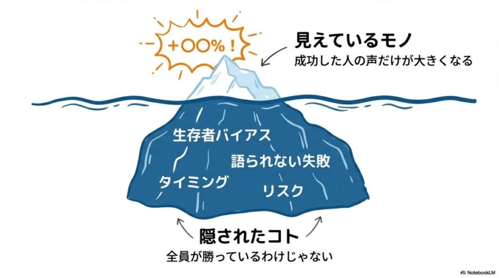 「新NISAブログの華やかな「含み益」に隠されたリアルとは？」をテーマにした挿絵。スマートフォンの画面に表示された輝くような「含み益」の背後に、生存者バイアスによって隠された多くの失敗や平均的なデータが影のように存在している様子を描いています。他人の数字と自分の数字を単純に比較することの無意味さを視覚的に表現しています。