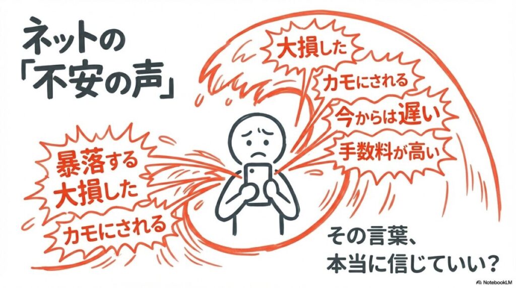「新NISAは「やめとけ」と知恵袋・5chで言われる5つの理由とその真偽」をテーマにした挿絵。ネット掲示板に並ぶ「暴落」「陰謀論」「手数料」といったネガティブな吹き出しと、それらを冷静に分析する虫眼鏡を持った投資家の対比を描いています,,。