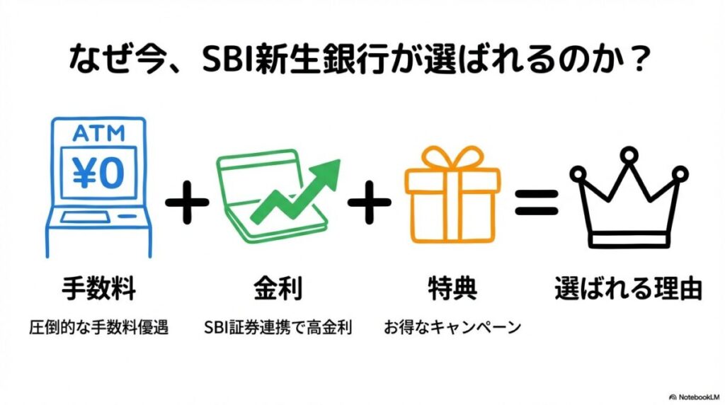 「なぜ今、SBI新生銀行の口座開設が選ばれるのか?3つの理由」をテーマにした挿絵。手数料が無料のATM、高金利を示すグラフ、そしてキャッシュバックのアイコンが三位一体となって示されているイラスト。