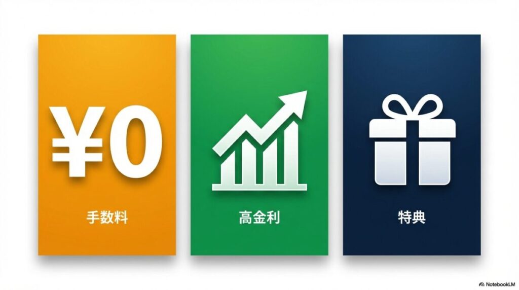 「なぜ今、SBI新生銀行の口座開設が選ばれるのか?3つの理由」をテーマにした挿絵。手数料が無料のATM、高金利を示すグラフ、そしてキャッシュバックのアイコンが三位一体となって示されているイラスト。