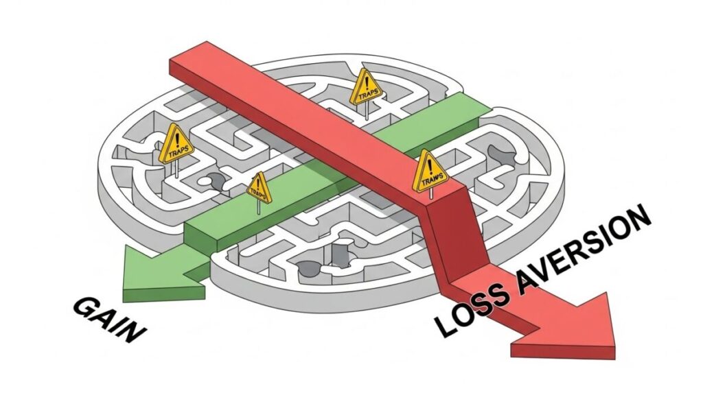 「なぜ9割の人は「ほったらかし」に失敗する？」をテーマにした挿絵。投資判断を狂わせる心理的な罠（損失回避性など）を表現した、脳と迷路の概念図。