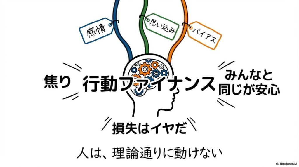 「なぜ他人の成績で焦る？「行動ファイナンス」が解き明かす投資心理」をテーマにした挿絵。人間の脳の中に、「プロスペクト理論」や「認知バイアス」を象徴する歯車が組み込まれている様子を描いています。他人の成績という情報が、アンカリング効果や群集行動といった心理的な「クセ」を通じて感情的な判断を引き起こすメカニズムを図解しています。