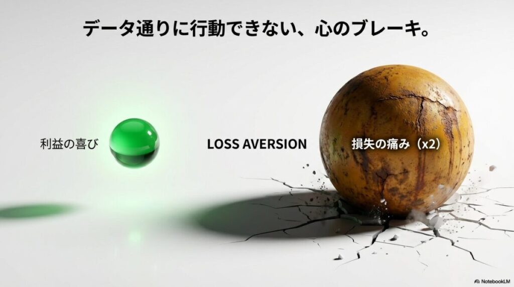 「「暴落が怖い…」投資家の心理に潜む「損失回避性」のメカニズム」をテーマにした挿絵。利益の喜び（小さなプラス記号）よりも損失の苦痛（大きなマイナス記号）が2倍以上大きく感じられるという「損失回避性」の概念を図式化した天秤。投資家がパニックに陥り、底値で売却しようとするシルエットが描かれている,。