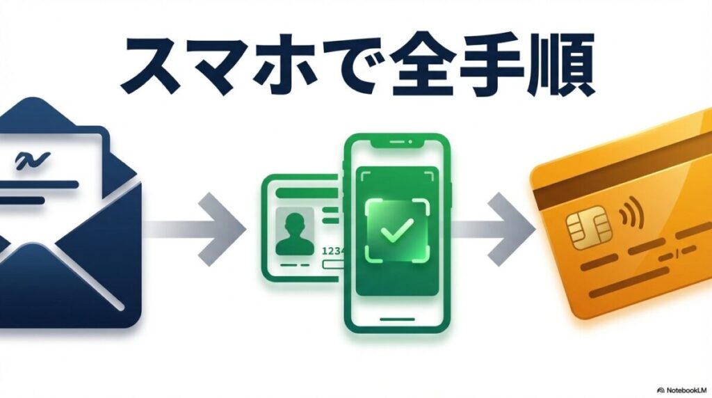 「【最短10分】SBI新生銀行の口座開設、スマホで完結する全手順」をテーマにした挿絵。スマートフォン画面に「口座開設完了」のチェックマークが表示され、その横でマイナンバーカードまたは運転免許証を撮影している手のクローズアップ。