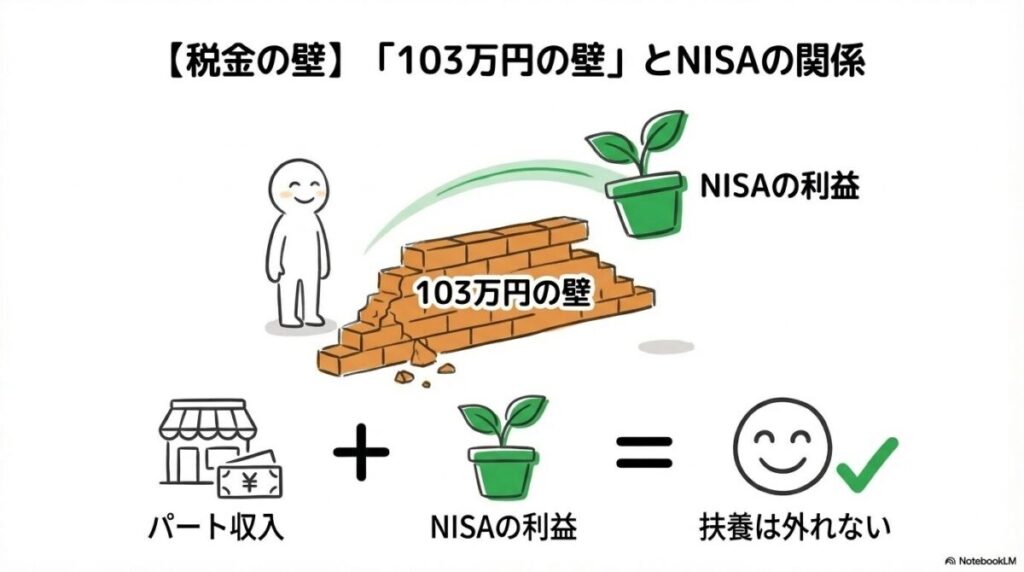 「【税金の壁】パート主婦と学生が知るべき「103万円の壁」とNISAの関係」をテーマにした挿絵。「103万円の壁」というハードルの横を、NISAの利益（コイン）が非課税（スルー）して通り抜けていく様子。NISAの利益が所得計算に含まれないため、扶養から外れないことを視覚化した図解,。