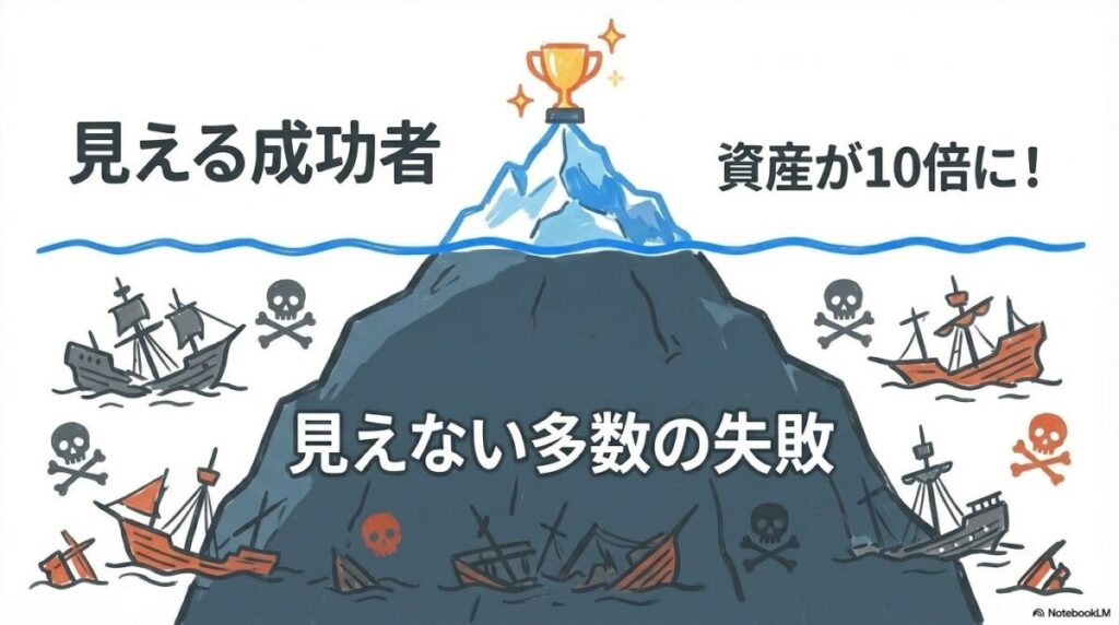 「【超重要】ネットの極端な意見を生む「2つの心理バイアス」を理解する」をテーマにした挿絵。成功して残った声だけが目立つ「生存者バイアス」のスポットライトと、同じ意見だけが響き渡る「エコーチェンバー現象」の空間を象徴的に表現しています,。
