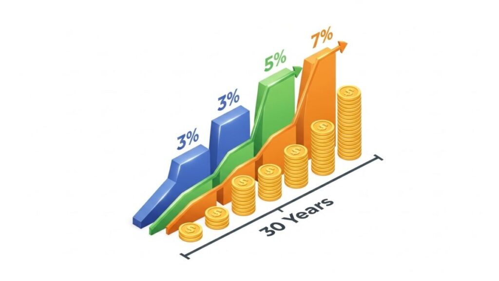 「1800万円をほったらかすと、30年後こうなる」をテーマにした挿絵。利回り3%、5%、7%それぞれのシナリオで資産が右肩上がりに成長していく様子を示す3本のラインチャート。