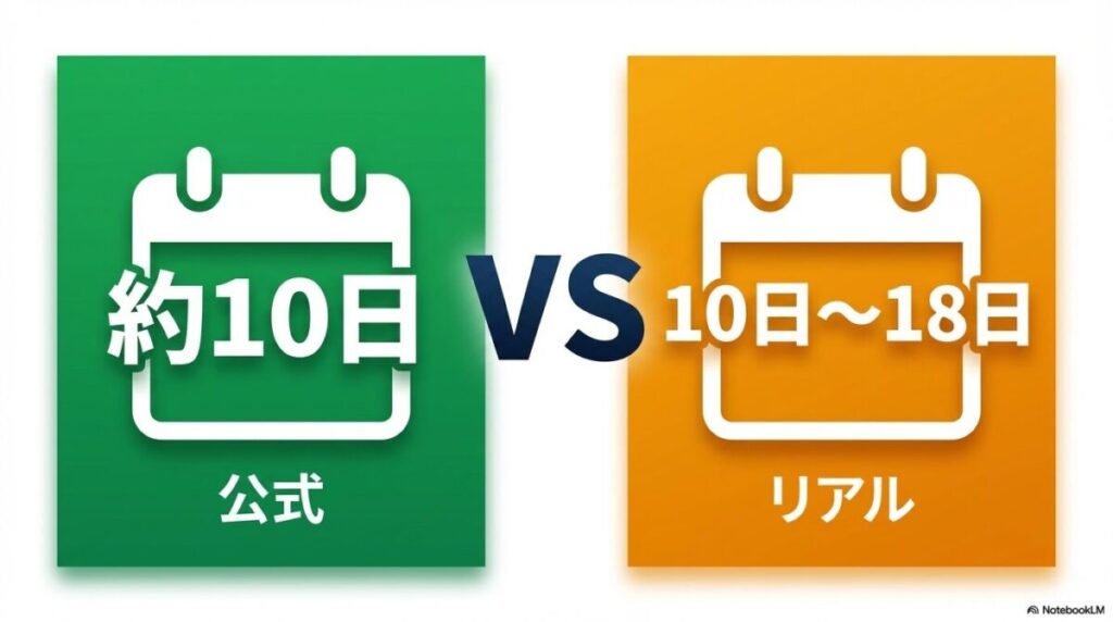 「申し込みから利用開始まで何日かかる?公式発表とリアルな口コミを比較」をテーマにした挿絵。「公式:7-10日」と「実際:10-18日」という異なる期間が記されたカレンダーを対比させ、郵送の遅延をイメージさせる封筒が間に置かれているイラスト。