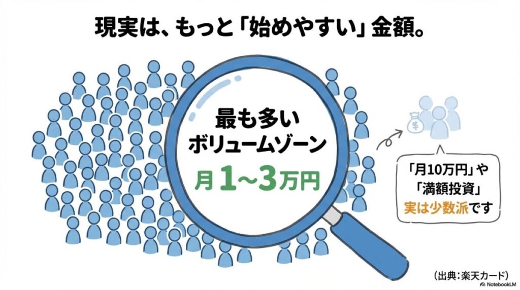 「【年代別】みんなの平均積立額と人気の投資銘柄ランキング」をテーマにした挿絵。最も多い層である「月1〜3万円」のボリュームゾーンを強調したグラフと、人気の「オルカン」や「S&P500」といった投資先のアイコンが並んでいる様子。