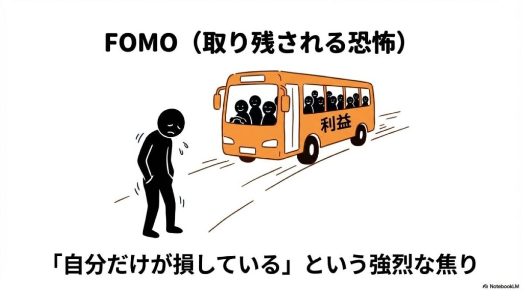 「「FOMO（取り残される恐怖）」の正体と、冷静な判断を保つための処方箋」をテーマにした挿絵。SNSのタイムラインから溢れる他人の成功体験に翻弄される投資家に対し、「自分だけの投資目標」や「積立投資のルール」という盾が差し出されている様子を表現しています。情報過多な環境から距離を置き、冷静さを取り戻すための「処方箋」を象徴的に描いています。