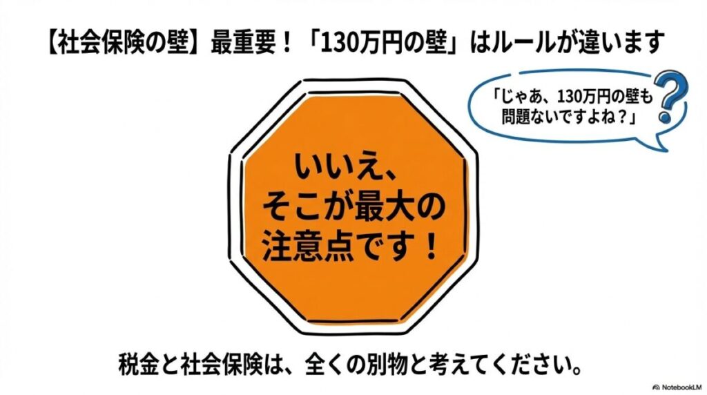 「【社会保険の壁】最重要！「130万円の壁」とNISA利益の複雑な関係」をテーマにした挿絵。大きな「130万円の壁」の前に立つ人物と、その判断を担う「健康保険組合」のロゴが入った建物。健保組合によってルールが異なるため、電話で問い合わせている様子を描き、慎重な確認の重要性を示している,。