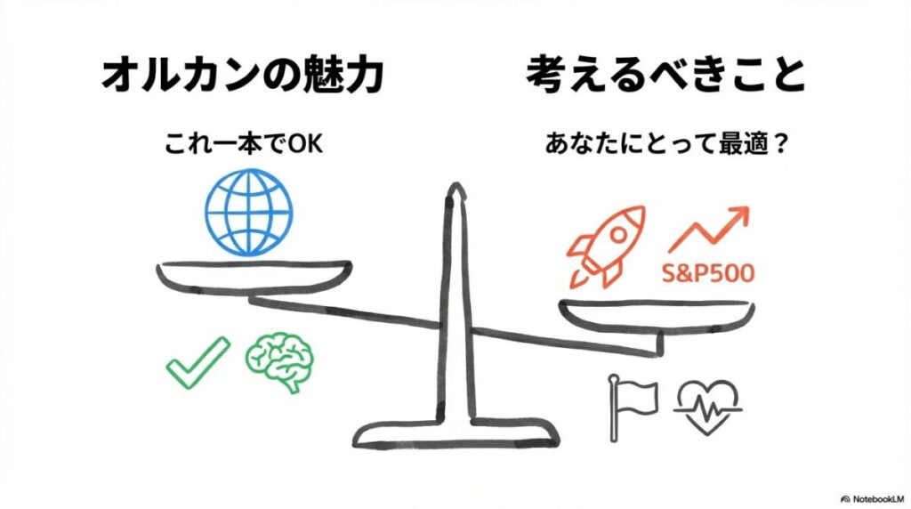 「5ch・なんJの「オルカン一択」説は本当に信じていいのか？」をテーマにした挿絵。「オルカン（全世界株式）」という大きな旗印と、それを取り囲む「リスク許容度」や「為替リスク」といった個別の検討要素を天秤にかける投資家の視点を描いています,。