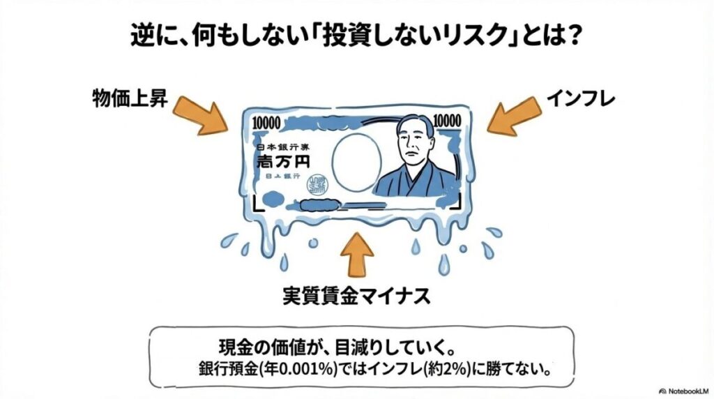 「「投資しないリスク」とは？新NISAをやっていない人が直面する現実」をテーマにした挿絵。インフレによって現金の価値が目減りしていく様子と、投資をしないことで生じる将来的な資産格差のリスクを、対比的なビジュアルで表現している。