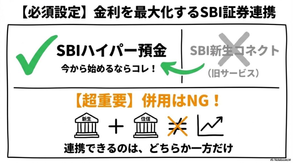 「【必須設定】SBI証券との連携で金利を最大化!SBIハイパー預金の始め方」をテーマにした挿絵。SBI証券のアイコンとSBI新生銀行のアイコンが太い線で繋がり、その連携によって金利のパーセンテージが上昇しているグラフ。
