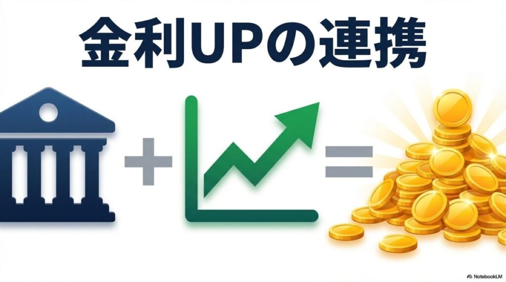 「【必須設定】SBI証券との連携で金利を最大化!SBIハイパー預金の始め方」をテーマにした挿絵。SBI証券のアイコンとSBI新生銀行のアイコンが太い線で繋がり、その連携によって金利のパーセンテージが上昇しているグラフ。