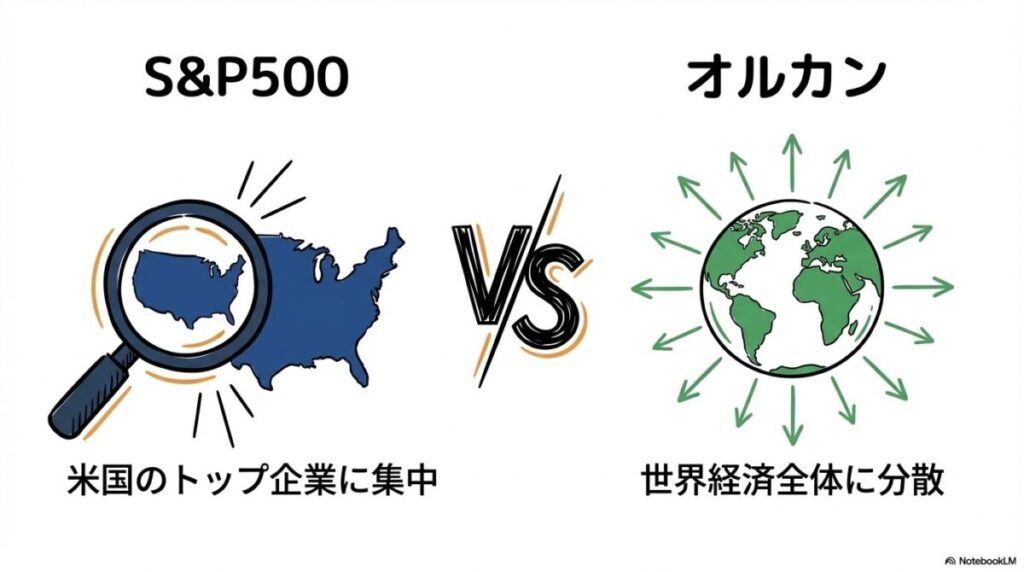 「S&P500 vs オルカン？ブログで学ぶ、二大巨頭の「賢い」比較方法」をテーマにした挿絵。米国旗を象徴するS&P500と地球儀を象徴する全世界株式（オルカン）が並び、それぞれの「集中と成長」および「分散と安定」という特性を比較検討している様子を描いています。過去の実績に囚われず、自分の投資哲学に合った選択を模索する姿を表現しています。